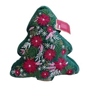 NWT Lillian August Home Green Velvet Christmas Tree Shaped Pillow Poinsettias